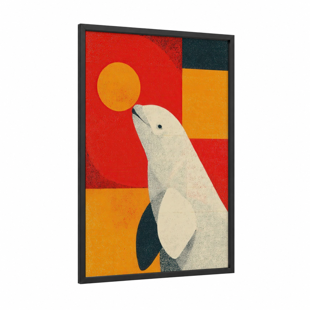 Arctic Beluga Rising framed beluga whale print — black wood frame — red and orange palette
