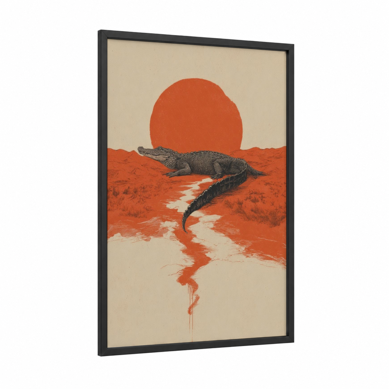 Desert Alligator framed art print — black wood frame — cream palette