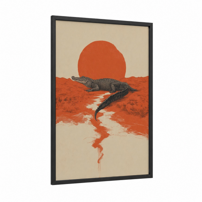 Desert Alligator framed art print — black wood frame — cream palette