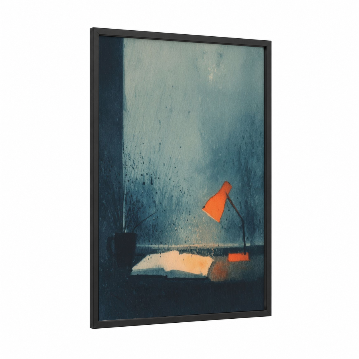 Solitary Reader framed reading print — black wood frame — blue and gold and orange palette