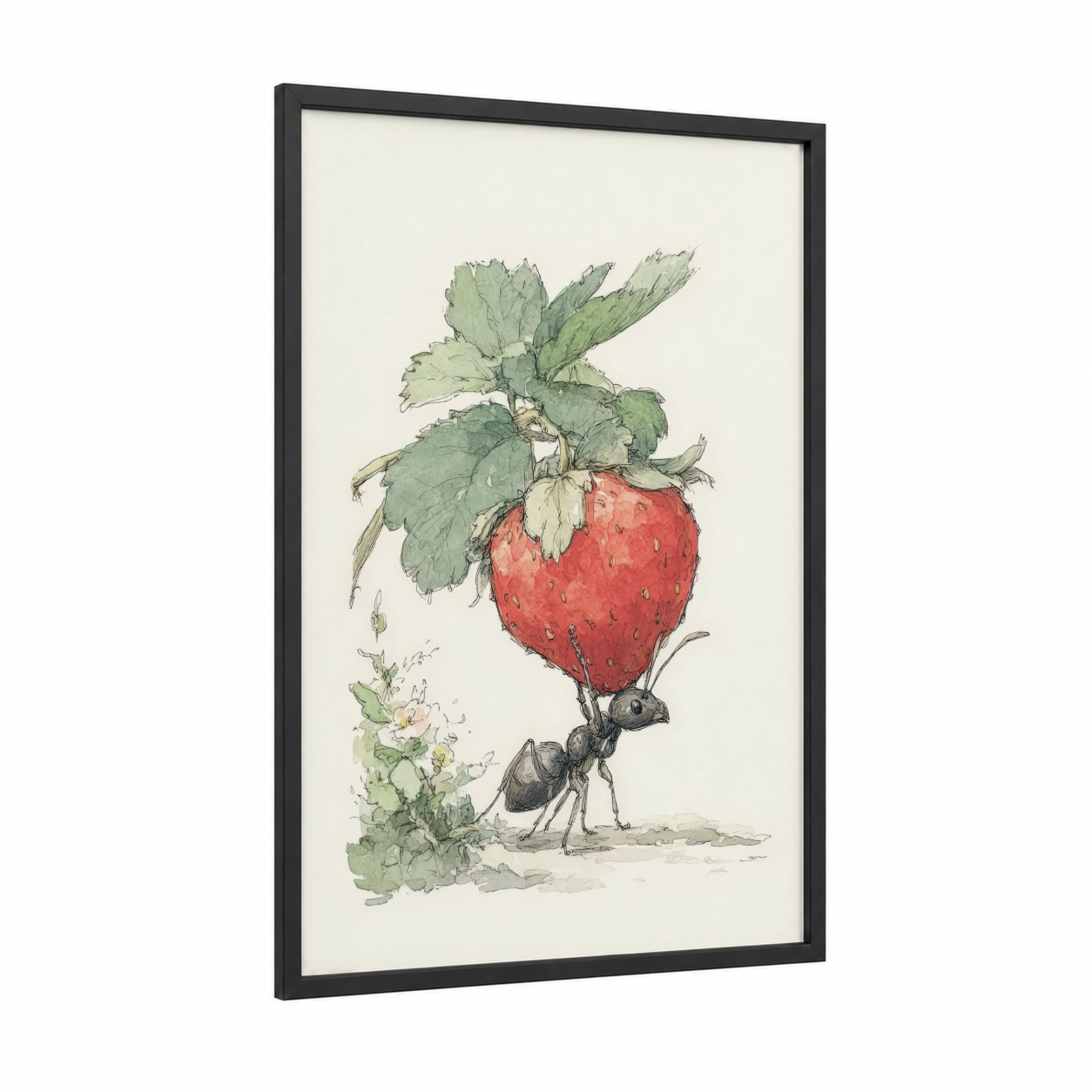 Industrious Ant framed art print — black wood frame — sage green and cream palette