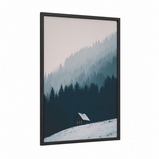 Snowy Alpine Cottage framed alps print — black wood frame — gray and white and dove gray palette