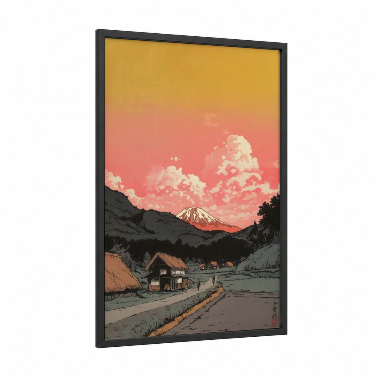 Alpine Dusk Village framed various landscapes print — black wood frame — yellow gold and salmon pink palette