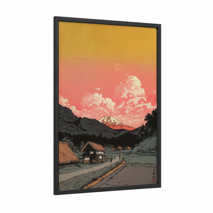 Alpine Dusk Village framed various landscapes print — black wood frame — yellow gold and salmon pink palette