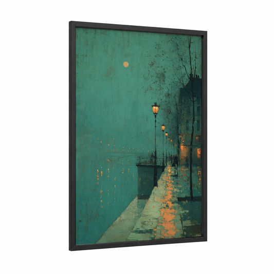 Twilight Canal framed art print — black wood frame — teal and gold palette