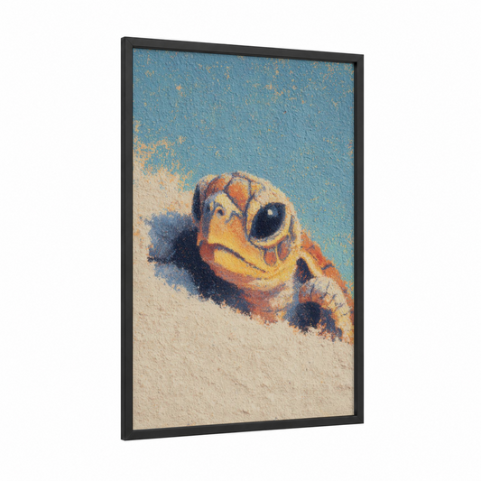 Sandy Turtle framed art print — black wood frame — blue and gold palette