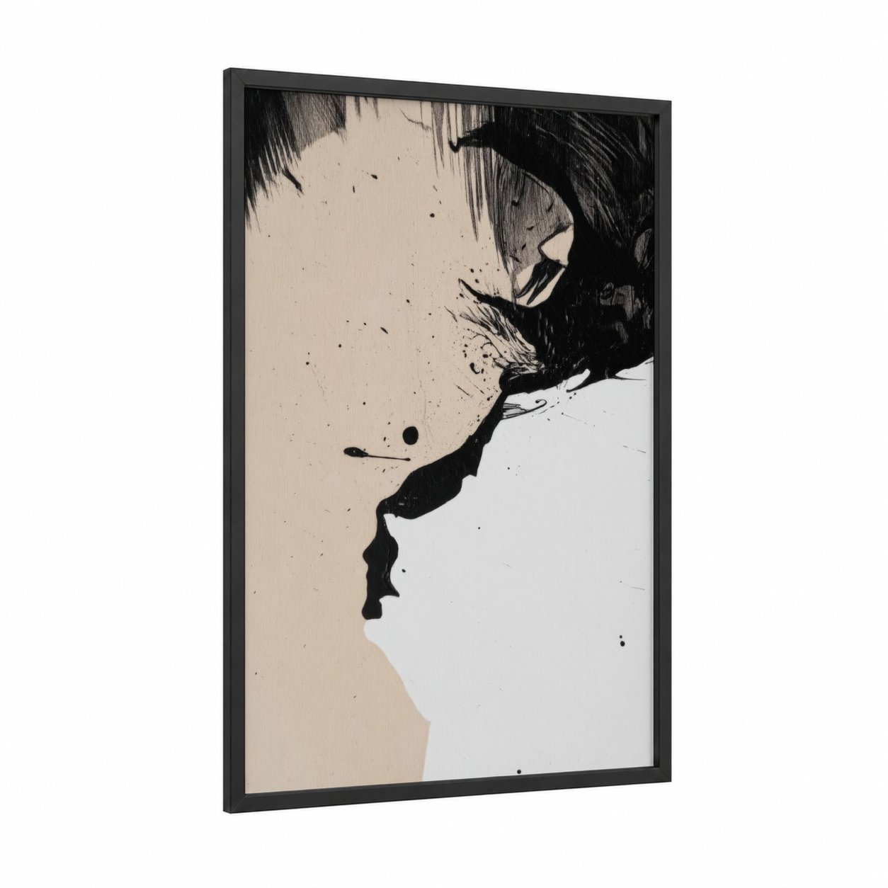 Contemplative Profile framed abstract classic print — black wood frame — black and white and cream palette