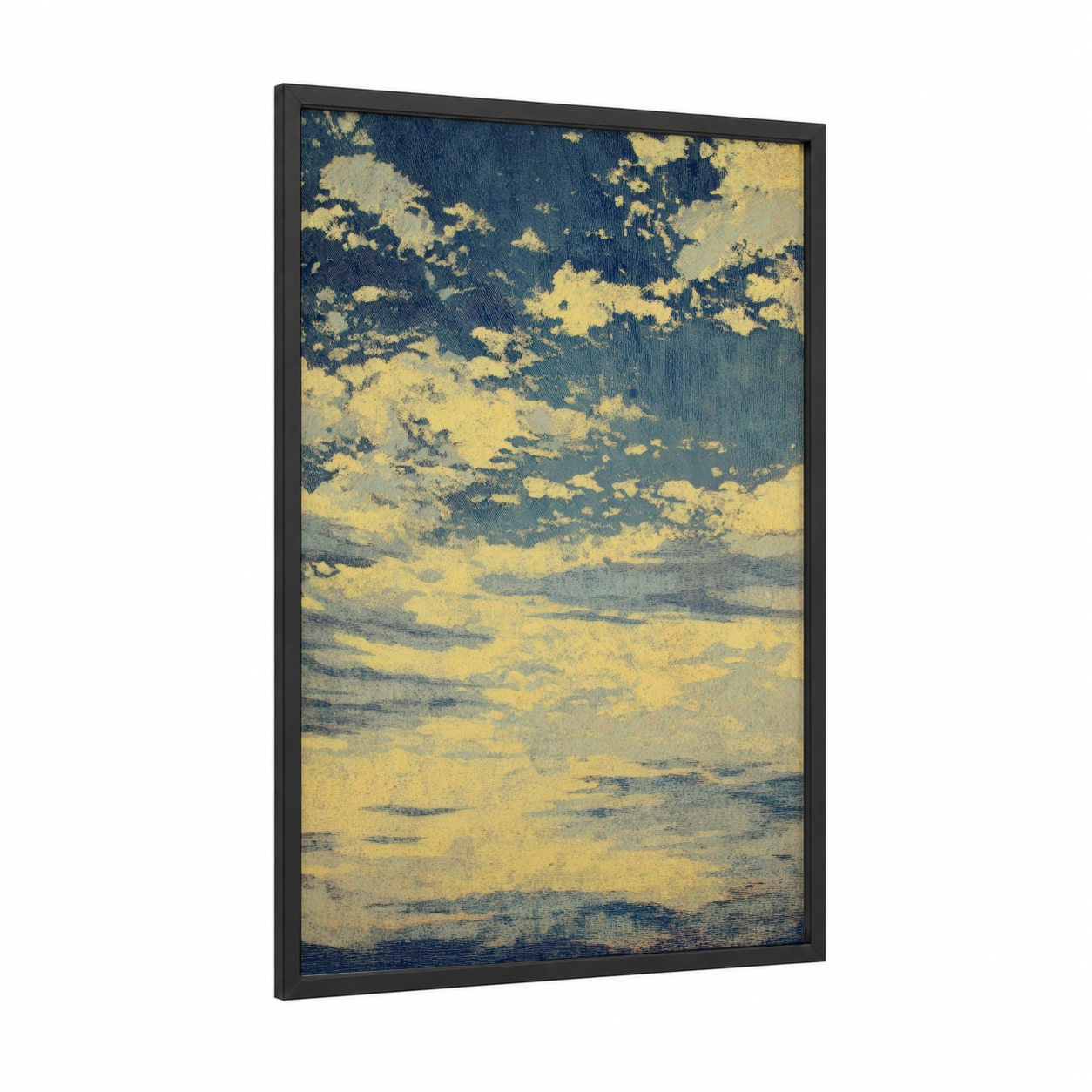 Golden Morning Sky framed art print — black wood frame — blue and yellow and gold palette