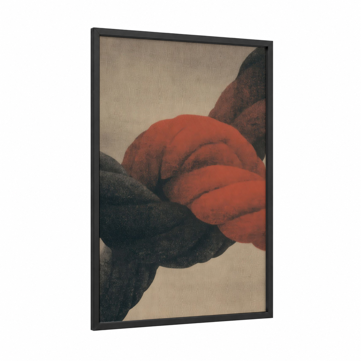Crimson Knot Bond framed rope knots print — black wood frame — red and black palette