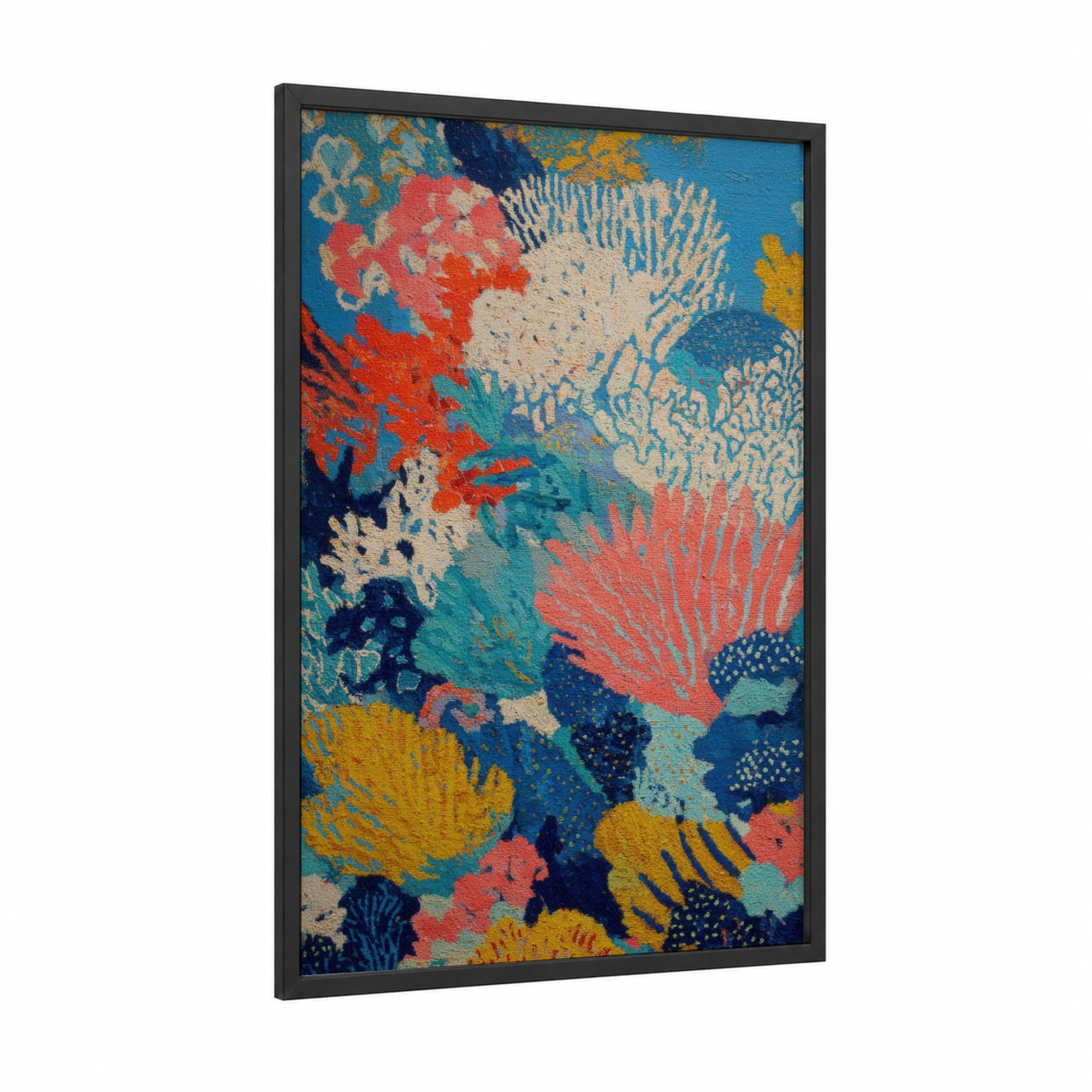 Vibrant Coral Reef framed art print — black wood frame — blue and orange palette