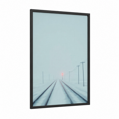Snowy Rails framed train tracks print — black wood frame — blue and white and gray palette