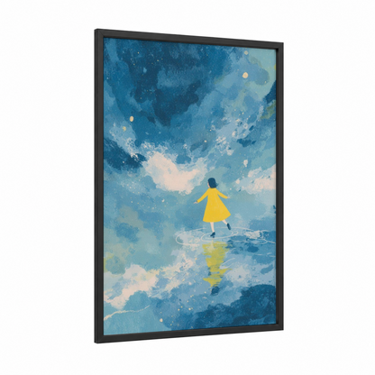 Yellow Dreamer framed art for girl print — black wood frame — blue and gold palette