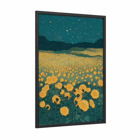 Starlit Sunflower Field framed dreamscape print — black wood frame — teal and yellow gold palette