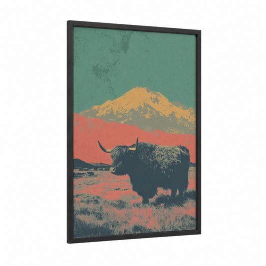 Mountain Yak framed art print — black wood frame — gold and salmon pink palette