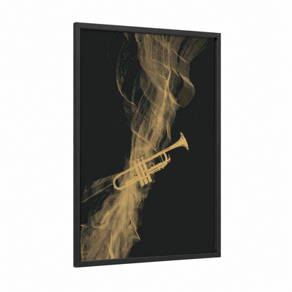 Golden Trumpet Smoke framed art print — black wood frame — gold and black and gold palette