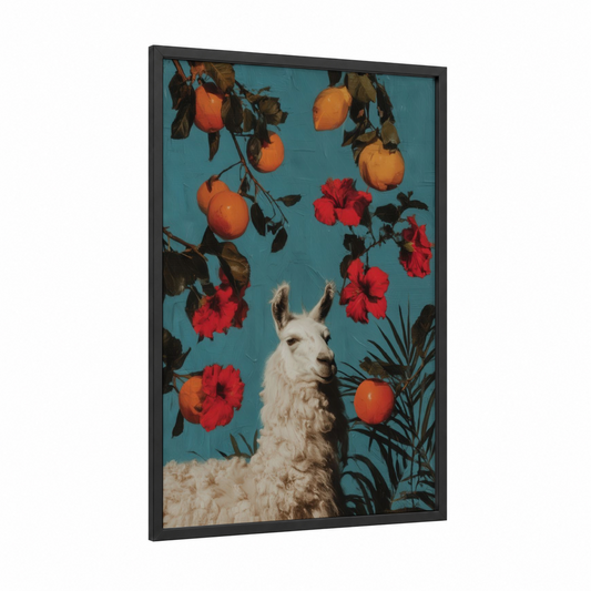 Turquoise Llama Garden framed art print — black wood frame — teal and orange palette
