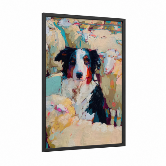 Colorful Shepherd Dog framed shepherd dogs and collies print — black wood frame — magenta and teal palette