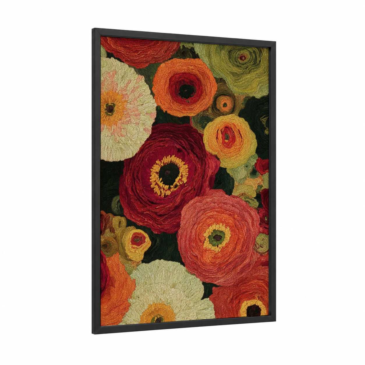 Vibrant Ranunculus Blooms framed art print — black wood frame — red and gold palette