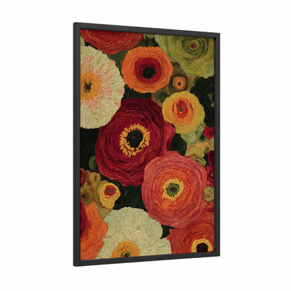 Vibrant Ranunculus Blooms framed art print — black wood frame — red and gold palette