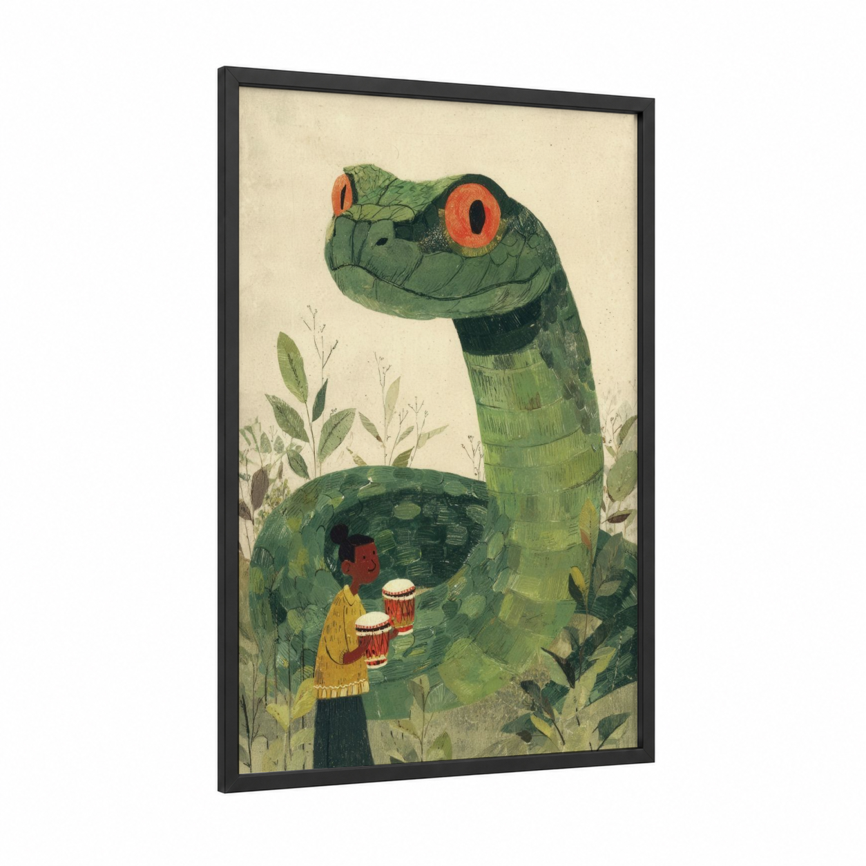 Coiled Rattlesnake Guardian framed art print — black wood frame — olive and cream palette