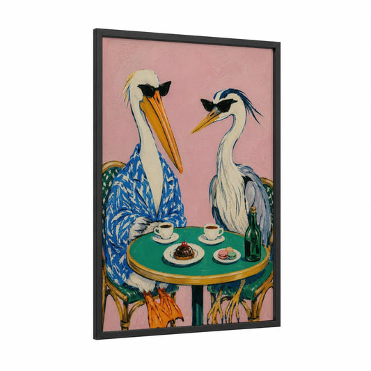 Two Herons at Cafe Wall Art framed art print — black wood frame — pink and blue palette