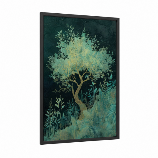 Golden Olive Tree framed art print — black wood frame — dark green and gold palette