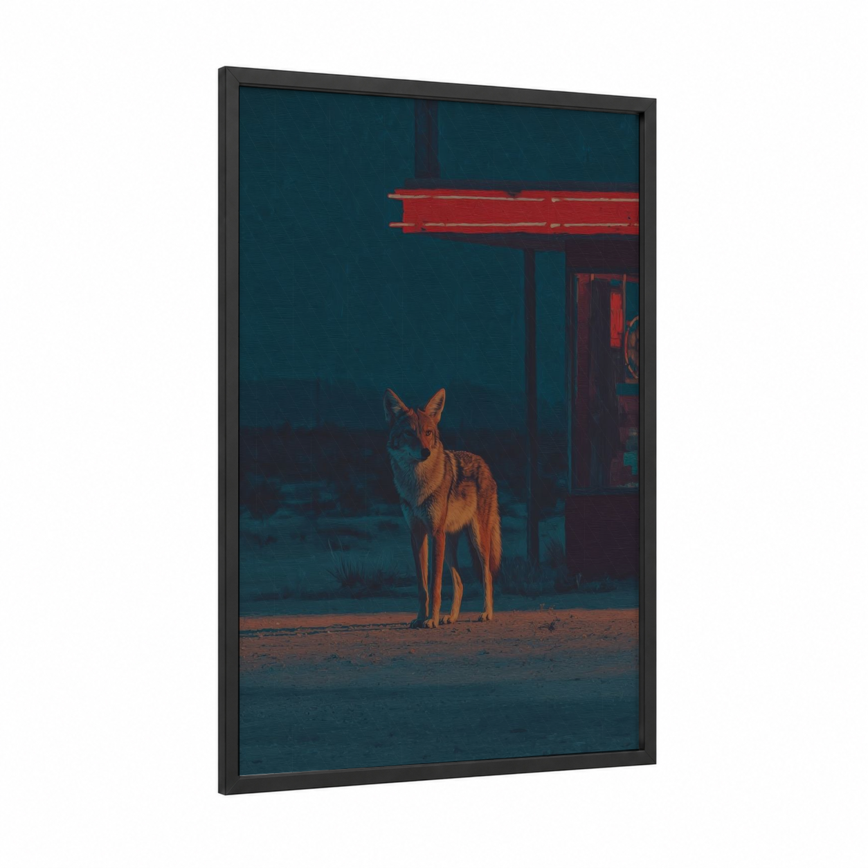 Neon Desert Coyote framed art print — black wood frame — dark blue and red palette