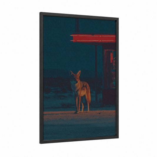 Neon Desert Coyote framed art print — black wood frame — dark blue and red palette