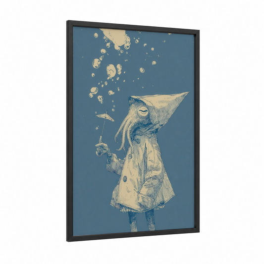 Party Squid framed art print — black wood frame — blue and white and cream palette