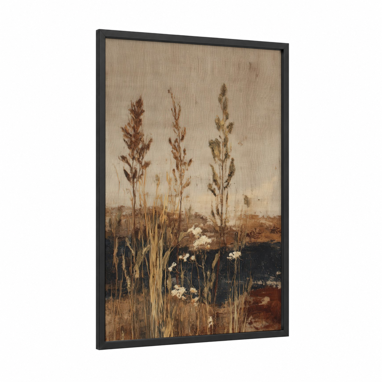 Autumn Grain Field framed art print — black wood frame — russet and beige palette