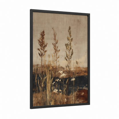 Autumn Grain Field framed art print — black wood frame — russet and beige palette
