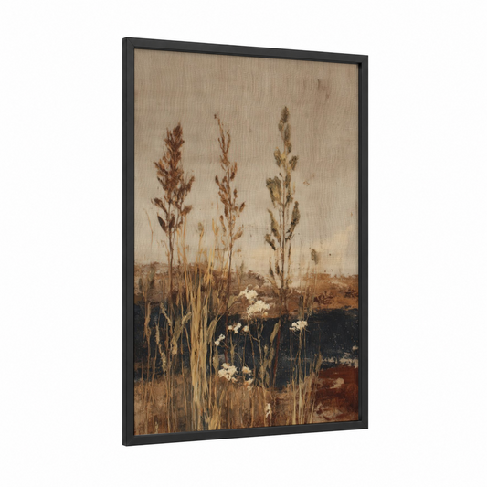 Autumn Grain Field framed art print — black wood frame — russet and beige palette