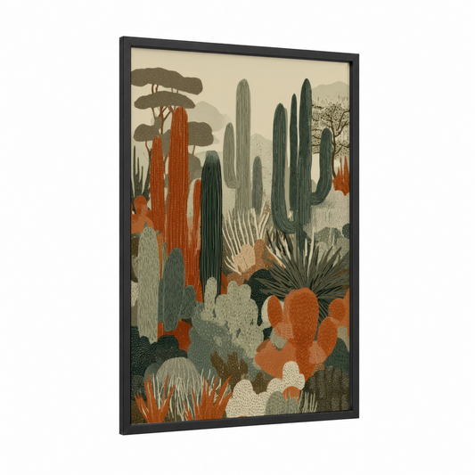 Desert Cactus Garden framed art print — black wood frame — russet and sage green palette