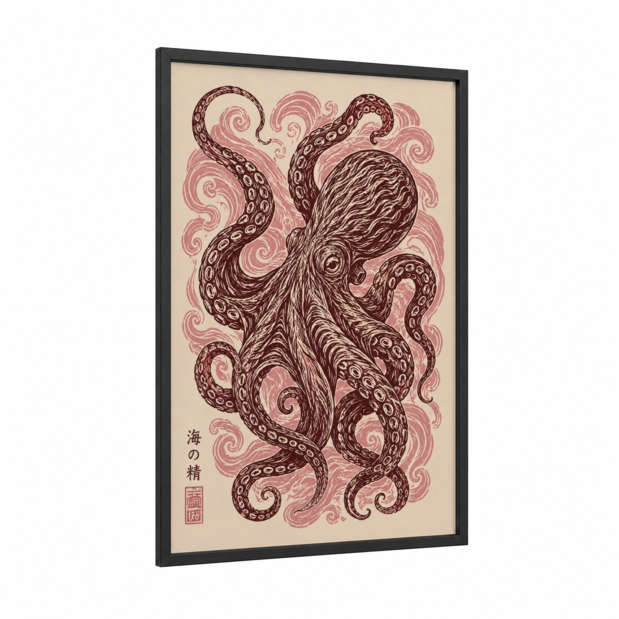 Japanese Octopus Line Art Wall Art framed art print — black wood frame — salmon pink and maroon palette
