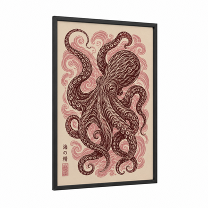 Japanese Octopus Line Art Wall Art framed art print — black wood frame — salmon pink and maroon palette