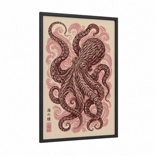 Japanese Octopus Line Art Wall Art framed art print — black wood frame — salmon pink and maroon palette