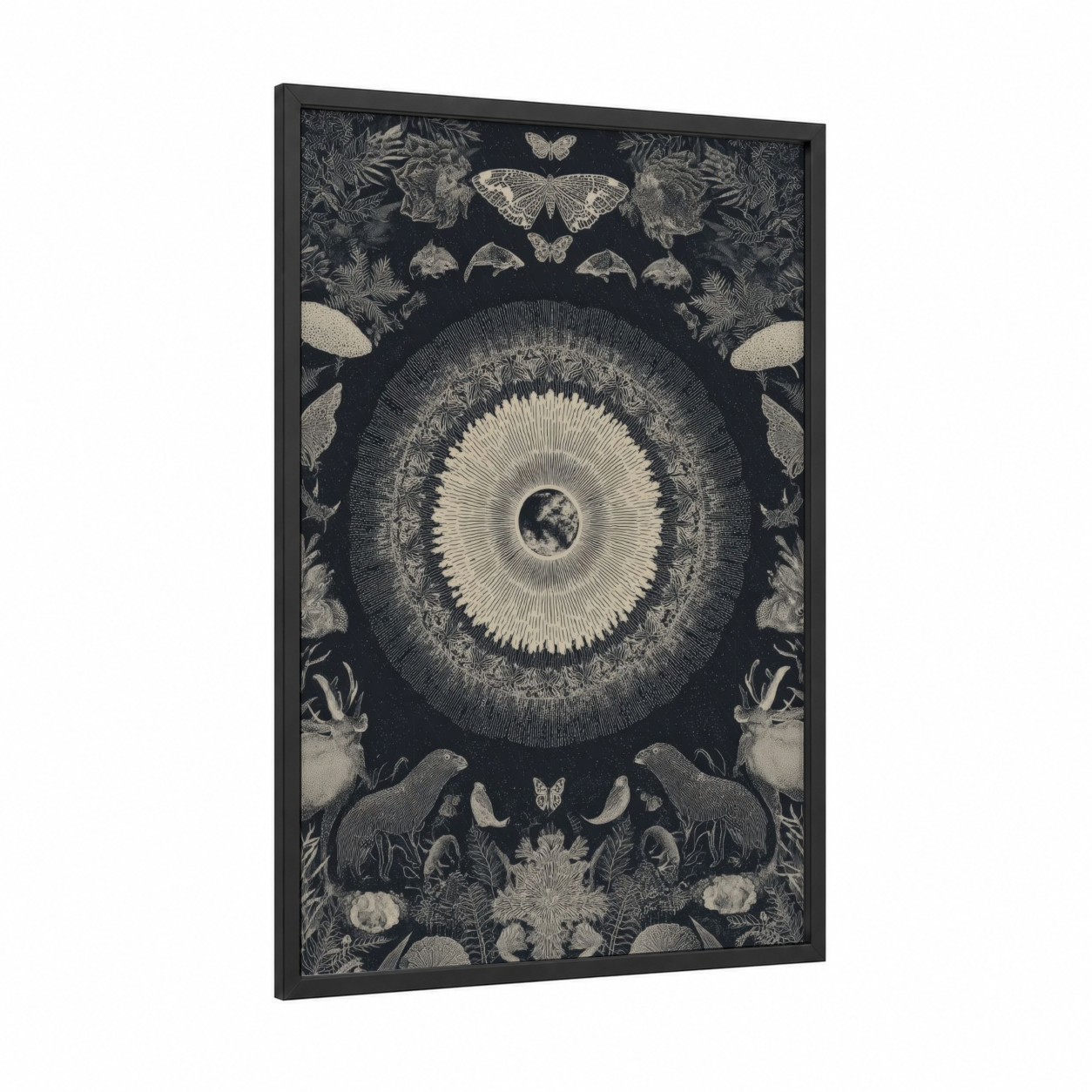 Cosmic Earth Eye framed earth day print — black wood frame — black and white and cream palette