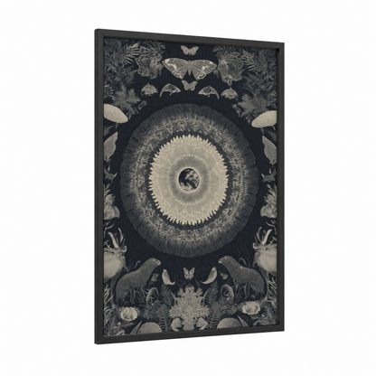 Cosmic Earth Eye framed earth day print — black wood frame — black and white and cream palette