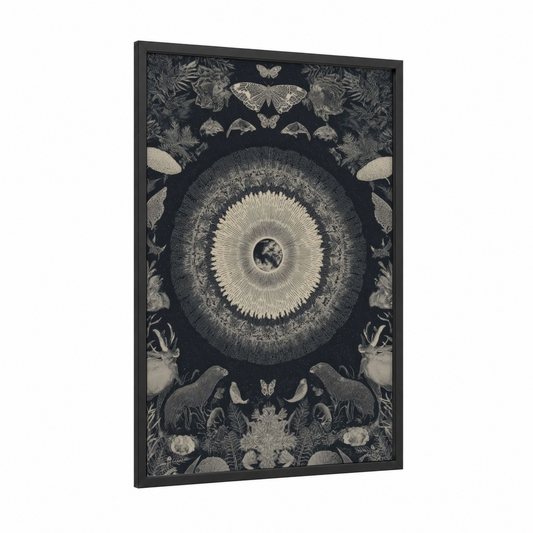 Cosmic Earth Eye framed earth day print — black wood frame — black and white and cream palette