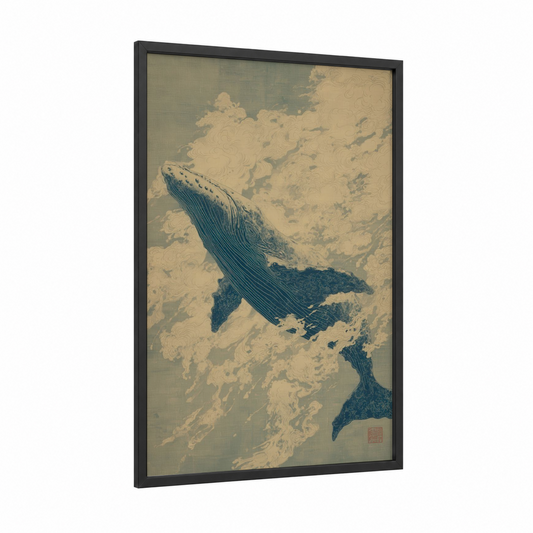 Celestial Blue Whale framed art print — black wood frame — cream and dark blue palette