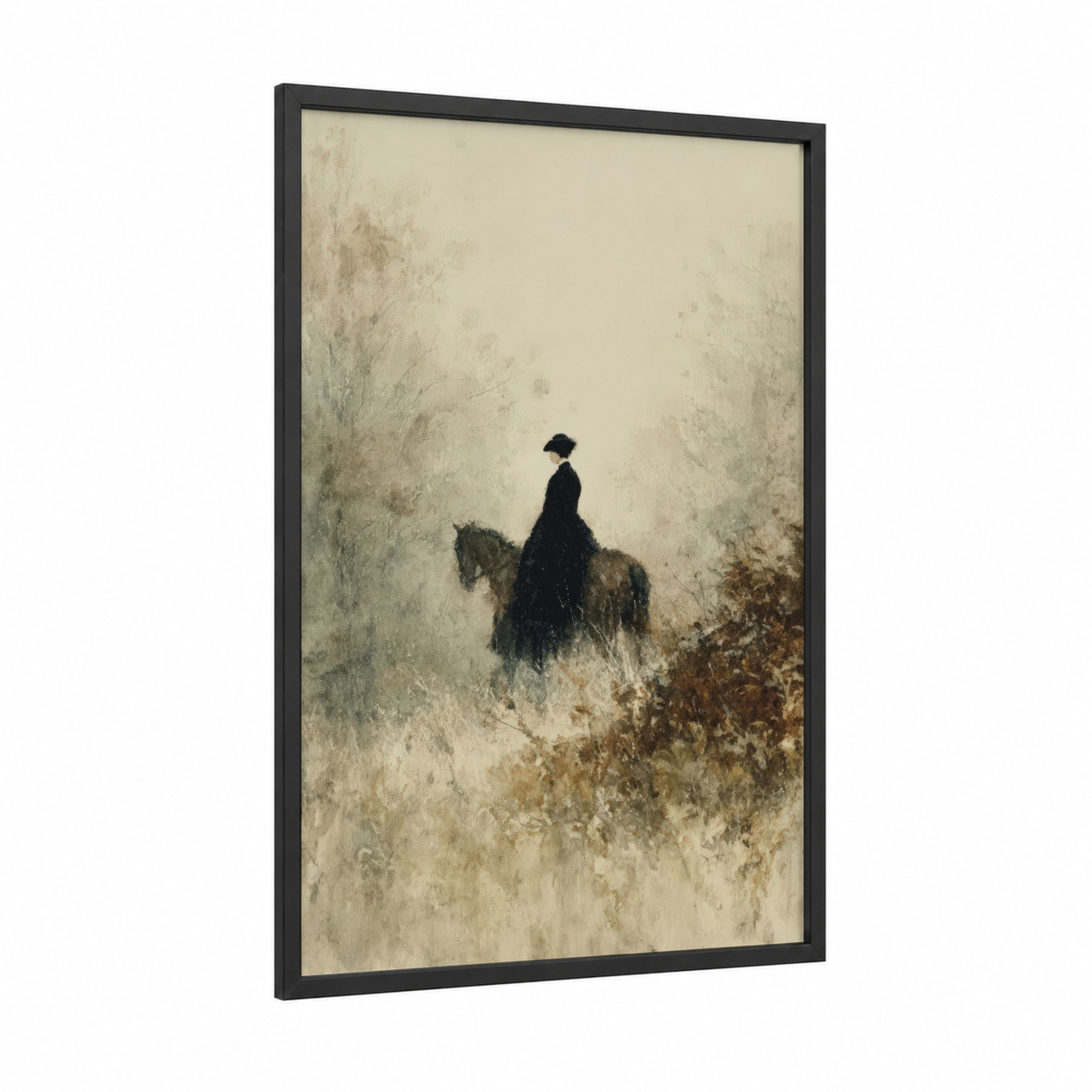 Horseback Rider framed art print — black wood frame — cream and brown palette