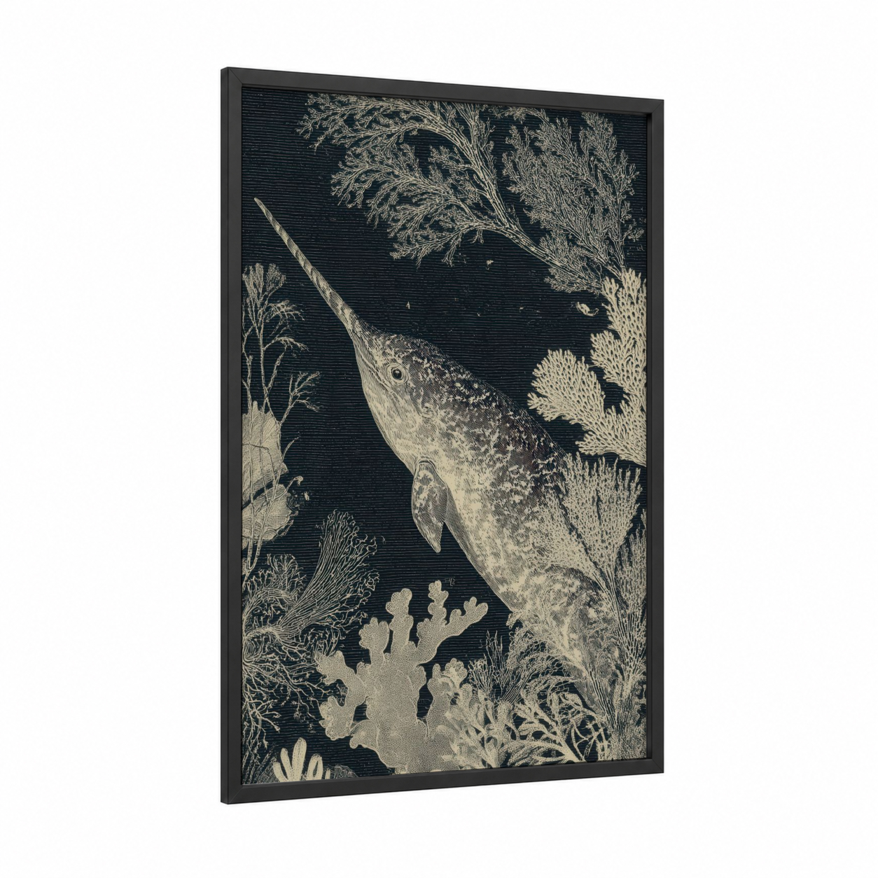 Narwhal Deep framed art print — black wood frame — black and white and cream palette