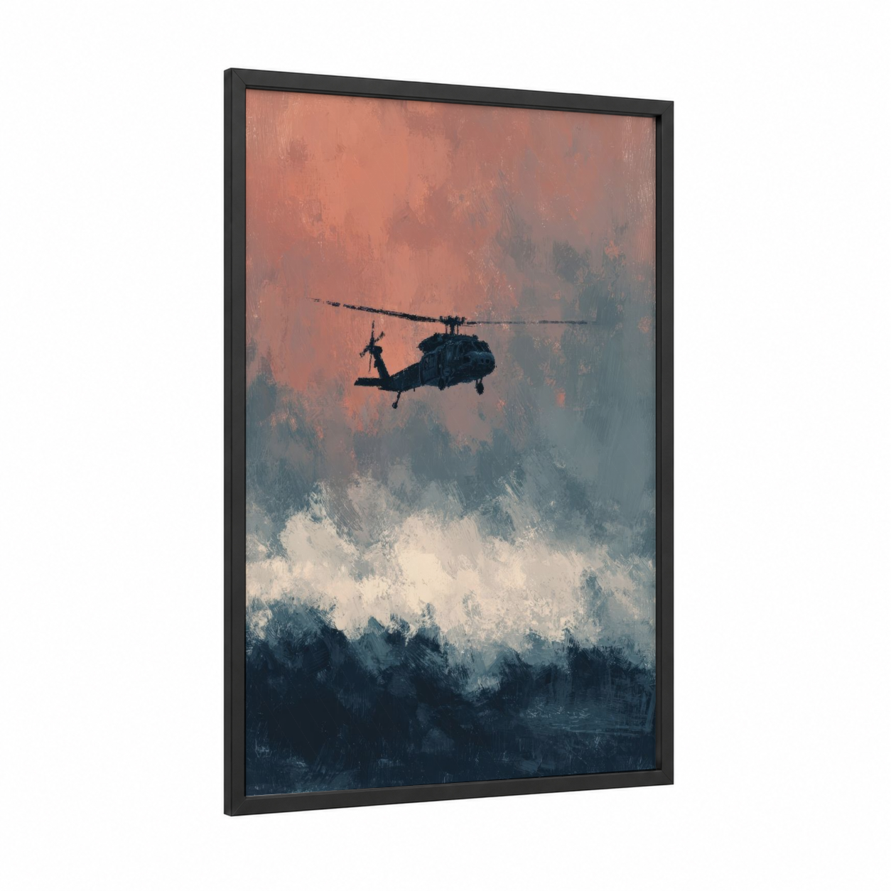 Misty Helicopter framed art print — black wood frame — peach and blue and gray palette