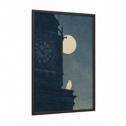 Midnight Big Ben framed art print — black wood frame — dark blue and white palette