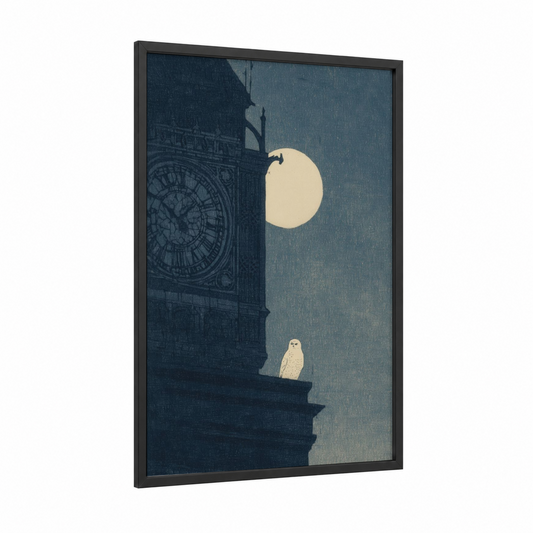 Midnight Big Ben framed art print — black wood frame — dark blue and white palette