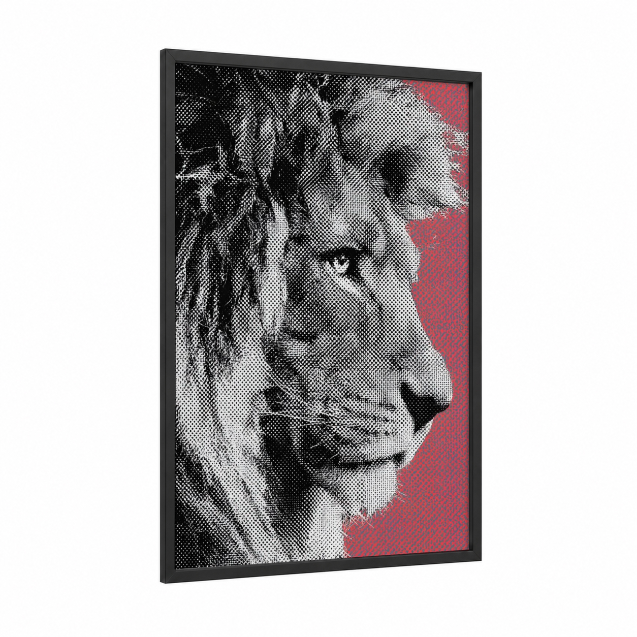 Crimson Majesty Lion framed art print — black wood frame — black and white and magenta palette