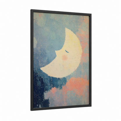 Dreaming Moon framed art print — black wood frame — blue and white and peach palette