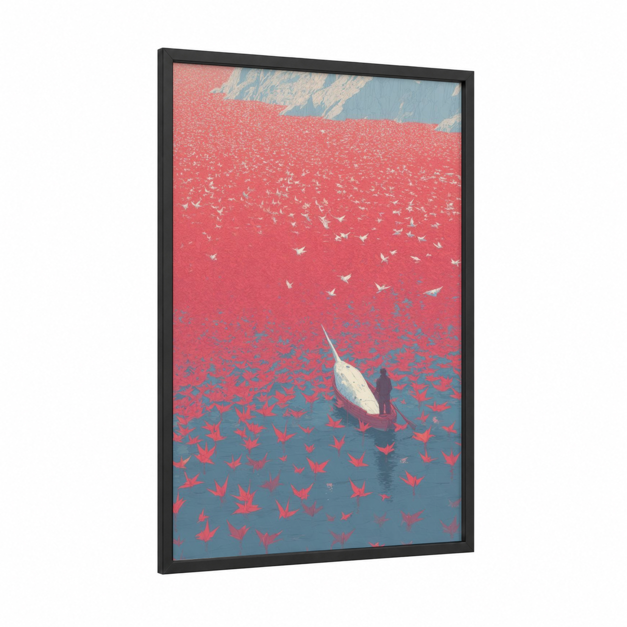 Crimson Narwhal framed art print — black wood frame — salmon pink and teal palette