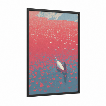 Crimson Narwhal framed art print — black wood frame — salmon pink and teal palette