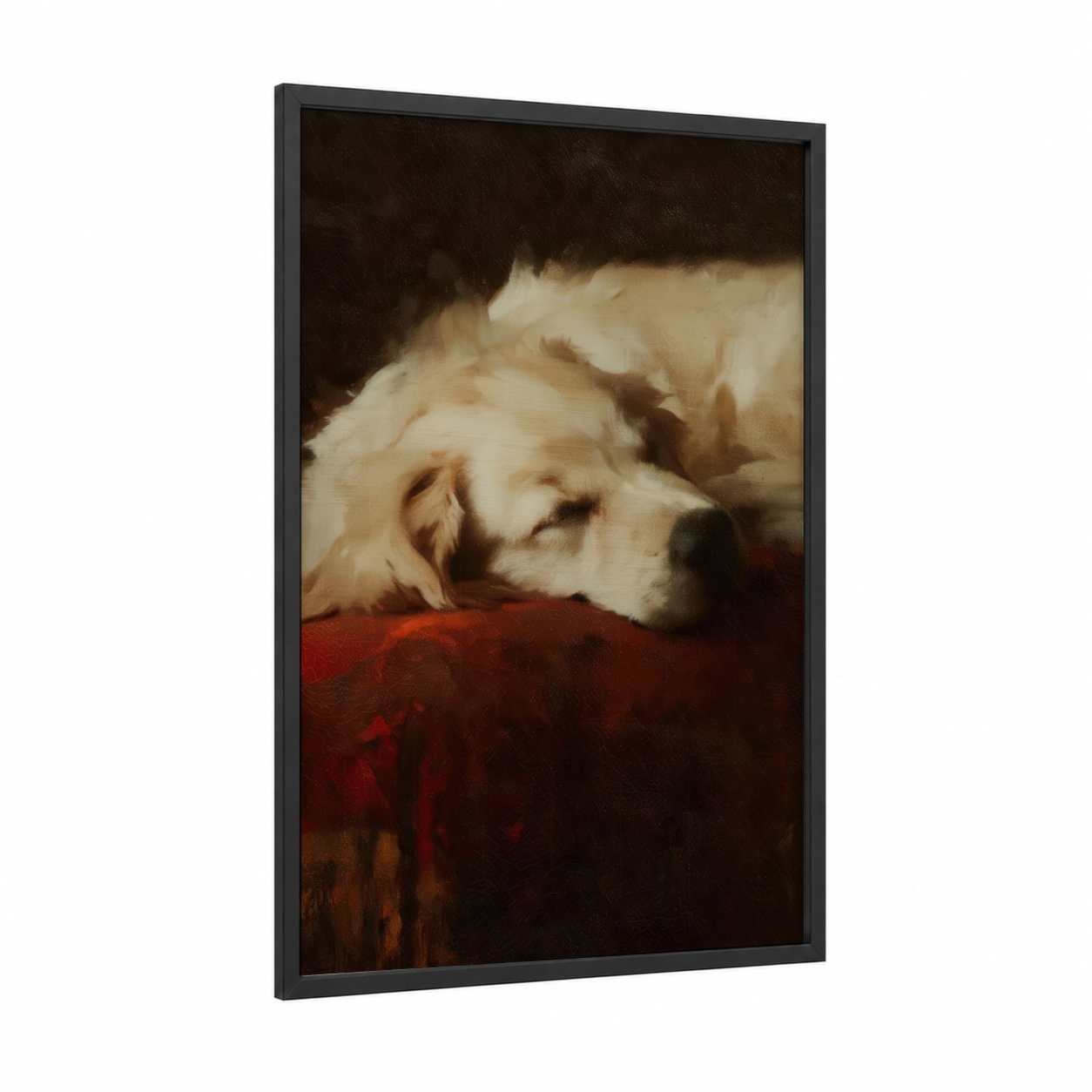 Sleeping Retriever framed art print — black wood frame — cream and maroon palette